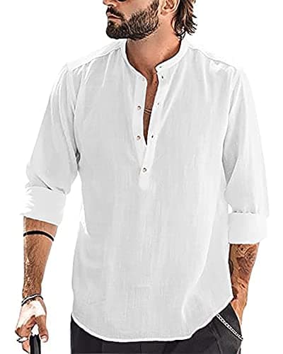 YAOBAOLE Chemise Henley décontractée en coton et lin pour homme - Boutonnée à manches longues - Hippie Beach - Blanc XL