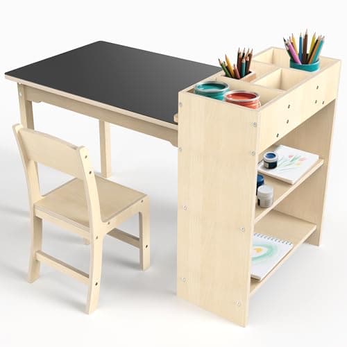 doowroodni Ensemble table et chaises d'art pour enfants, bureau d'étude en bois de hêtre robuste pour le dessin, l'apprentissage et le jeu des enfants - Table d'activités multifonctionnelle pour...