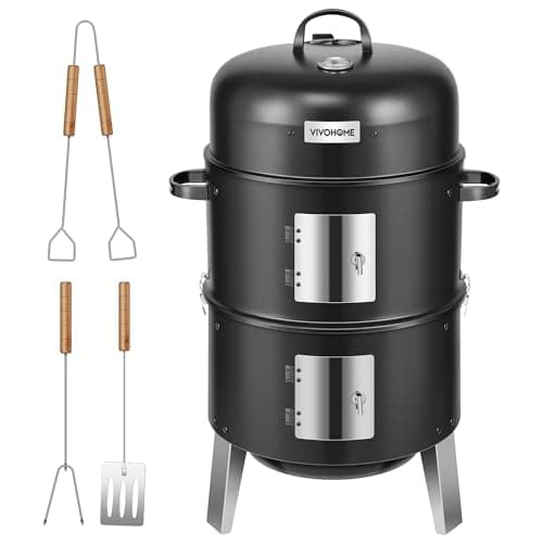 VIVOHOME 3-in-1 Vertical Charcoal Smoker, BBQ Smoker Grill with Built-in Thermometer, Air Vent, and 2 Access Doors, Idea for Parties, Backyard,...