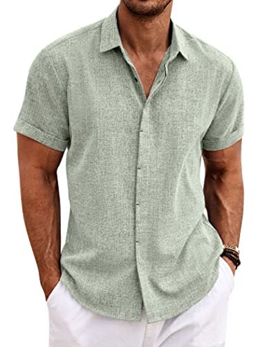 COOFANDY Men's Casual Shirts Button Up Shirt Linen Summer Beach Outfit Yoga Tee Light Green Large, Light Green, Large