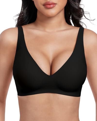 GXOULRRA Jelly Bra Deep V Wireless Bra Plunge No Underwire Comfort Bralettes Adjustable Everyday Bras-Elegant Black-L