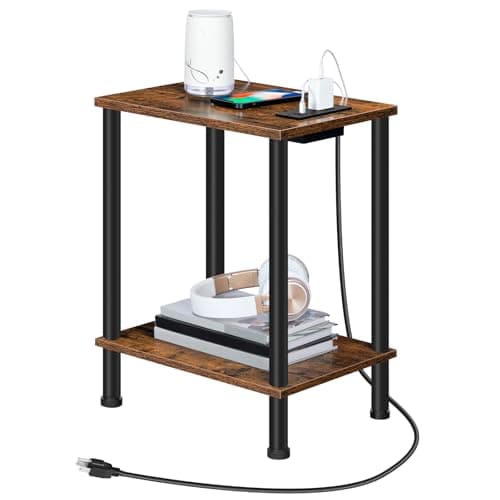 Table d'appoint HOOBRO avec station de charge, table de bout avec ports USB et prise, table de chevet avec étagères de rangement à 2 niveaux...
