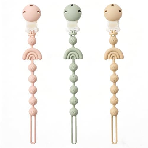Attaches-tétine pour bébé One Piece Binky Clip Holder Clip de dentition en silicone Sangles de sucette avec clip Jouets de dentition pour bébé pour garçons et filles Ensemble de 3 Andy...