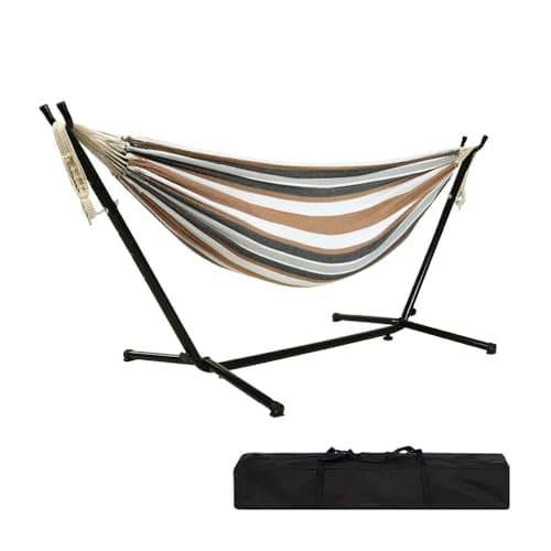 Goutime Hamac double de 9 pieds avec support amovible et sac de transport portable, charge 250 kg (marron et blanc)