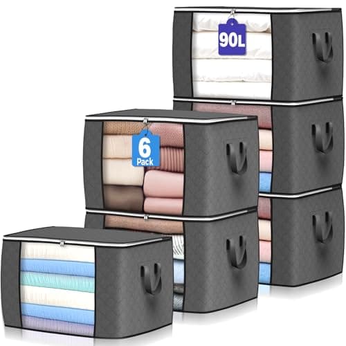 Grands sacs de rangement de 90 L, paquet de 6 bacs de rangement pour vêtements, organisateurs de placard pliables et conteneurs de rangement avec poignée renforcée pour vêtements,...