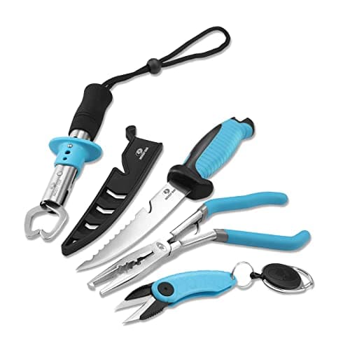 MOSSY OAK 4pc Fishing Tool Kit - Pistol Grip Fishing Pliers, Fish Fillet Knife, Fishing Gripper, Line Snip, Fly Fishing Retractor with Retractable...