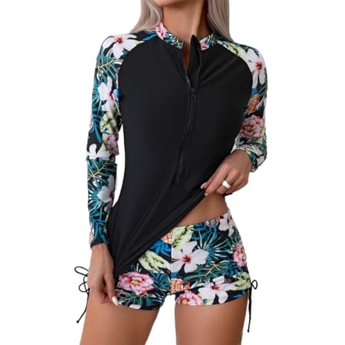 Owntop Femme 2 pièces Rash Guard, maillots de bain à manches longues UV UPF 50+ chemise de bain, gilet anti-éruption à fermeture éclair, maillot de bain floral avec shorty taille haute...