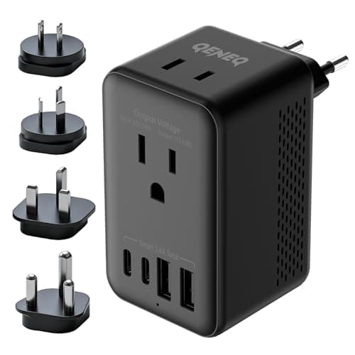 QENEQ Convertisseur 220 V à 110 V Convertisseur de tension de voyage Adaptateur de prise de voyage européen avec ports de charge USB Type C Travel Essentials Prises de sortie CA...
