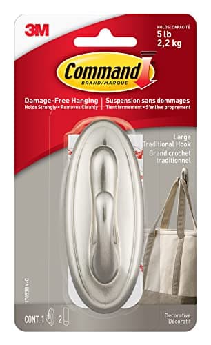 Command Traditional Decorative Hook, Large, Brushed Nickel, 1 Hook 2 Large Strips