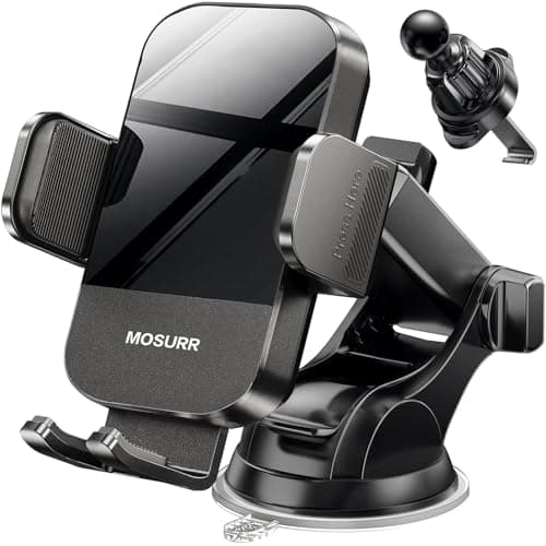 Support de téléphone pour voiture Mosurr : double installation (ventouse et clip d'aération), rotation à 360° et bras télescopique pour une navigation GPS stable, des appels mains libres,...