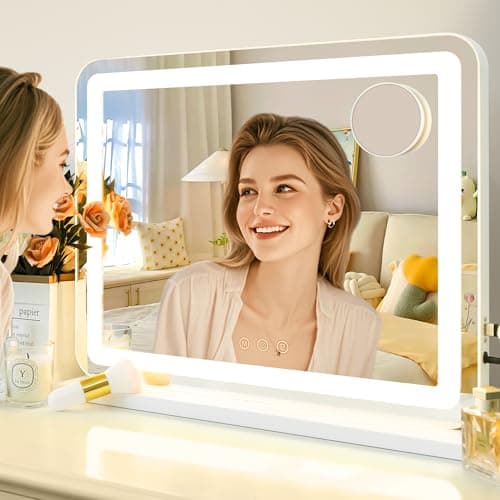 Miroir de courtoisie LuxeVue avec lumières, grand miroir de maquillage 23" x 19" avec 3 modes de couleur et luminosité réglable, grossissement ponctuel 15x détachable,...