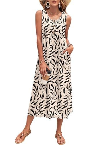 MISFAY Robe d'été pour Femme sans Manches décontractée Plage Longue Robe de Soleil avec Poches, Abricot Feuille Noire, M
