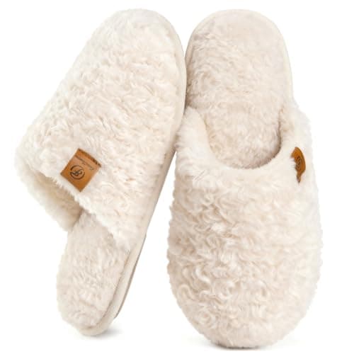 EverFoams Women's Slip-on Slippers Cozy Soft Fuzzy Faux Alpaca Shearling Memory Foam Lightweight Indoor Non-slip House Shoes Cream White, 7-8 US