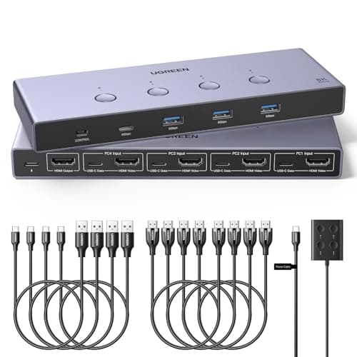 Commutateur KVM HDMI UGREEN 4 PC 1 moniteur prenant en charge 8K à 60 Hz, commutateurs KVM USB 4 ports pour 4 ordinateurs partageant clavier/souris/disques durs et 1 moniteur, KVM...