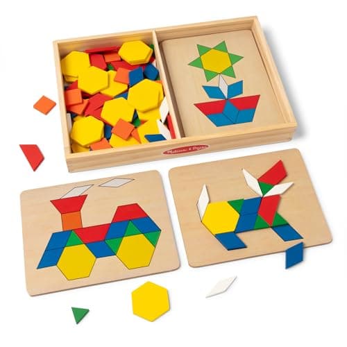 Melissa & Doug Pattern Blocks and Boards with 120 Multi-Colored Wooden Shape Tiles, 5 Double-Sided Puzzle Boards, Tangram Puzzles, Montessori Toys...