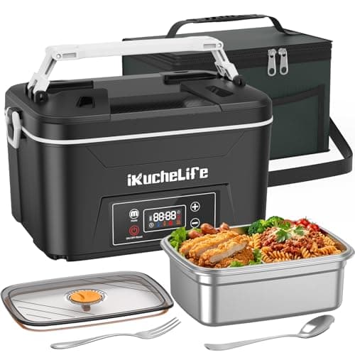 Boîte à lunch chauffante ikuchelife, boîte à lunch électrique sans fil 24 000 mAh avec chauffage programmé, chauffe-plats portable rechargeable de 1,2 L avec...