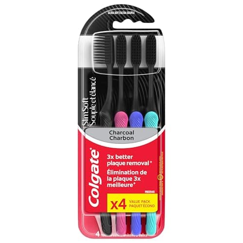 Prix le plus bas en 30 jours | Brosse à dents Colgate Slim Soft pleine grandeur avec charbon (paquet de 4) - 3x meilleur dissolvant de plaque, S...