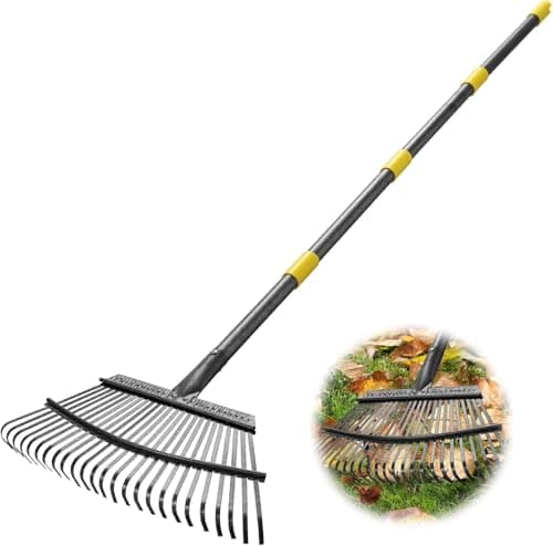 Garden Rake for Leaves: 18" Wide Metal Leaf Rake, 65" Long Adjustable Handle,Heavy Duty 25 Tines,Kids Women Large Lawn Garden Leaf Pine Needles Rakes