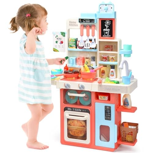 CUTE STONE Cuisine de jeu de simulation, évier d'eau, cuisinière avec vapeur, lumière et son, 63 accessoires de cuisine jouets avec nourriture jouet, casseroles, ustensiles, cuisine pour enfants...