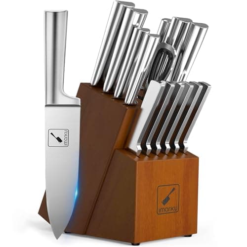 imarku 15-Piece Kitchen Knife Set with Block & Sharpener – Japanese Stainless Steel Chef Knives, Dishwasher Safe, 6 Steak Knives, Brown,Christmas...