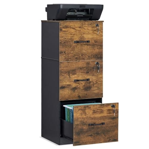VASAGLE 3 Drawers File Cabinet with Lock, Printer Stand, Office Filing Cabinet Organizer, for A4 and Letter Size Documents, Rustic Brown UOFC055B01