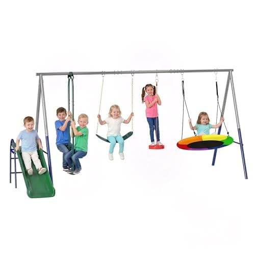 Qaba 5-in-1 Swing Sets for Backyard, 770lbs Capacity Metal Outdoor Playset with A-Frame, Slide, Saucer Swing, Belt Swing, Glider and Standing...
