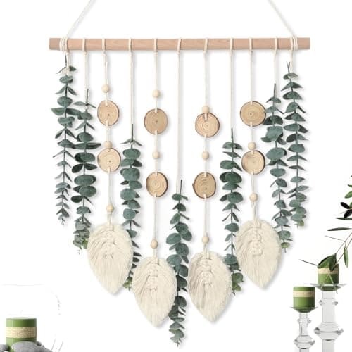 KHOYIME Décoration murale d'eucalyptus artificiel à suspendre avec fausses tiges d'eucalyptus, plantes, bâton en bois, feuilles de macramé, style bohème chic bohème...