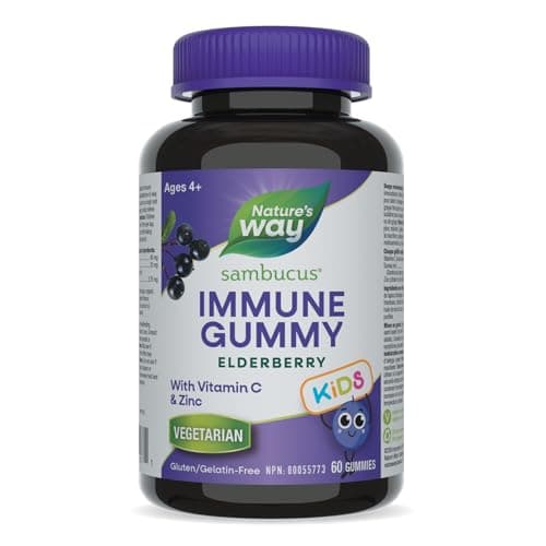 Nature's Way Sambucus Immune Cold and Flu Care Elderberry Gummies with Vitamin C and Zinc - Immune Support for Kids 4+, 60 Gummies