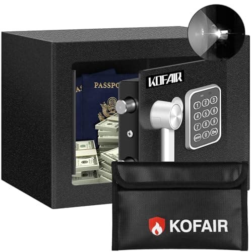 KOFAIR Petit coffre-fort pour la maison (0,23 pieds cubes) avec sac ignifuge, coffre-fort personnel pour économiser de l'argent, mini coffre-fort avec clé, sécurité numérique...