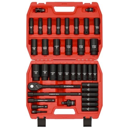 CASOMAN 1/2" Drive Master Impact Socket Set, 38 Piece Deep, Standard SAE (3/8" to 1-1/4") & Metric (10-32 mm) Sizes, Includes Extension Bar (3, 5,...