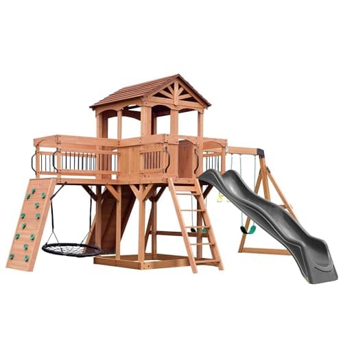 Backyard Discovery Sterling Point Outdoor Cedar Wood Swing Set Playset, Wave Slide, Raised Clubhouse, Balcony, Wooden Bridge, Rock Wall, Climbing...