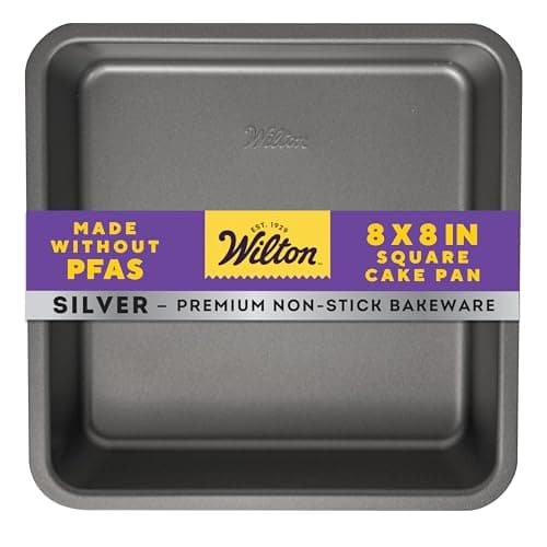 Wilton Silver Non Stick Square Cake Pan, Perfect for Brownies, Sheet Cake, Made Without PFAS, Durable Steel, Even Heating, 8 x 8 in, Packaging May...