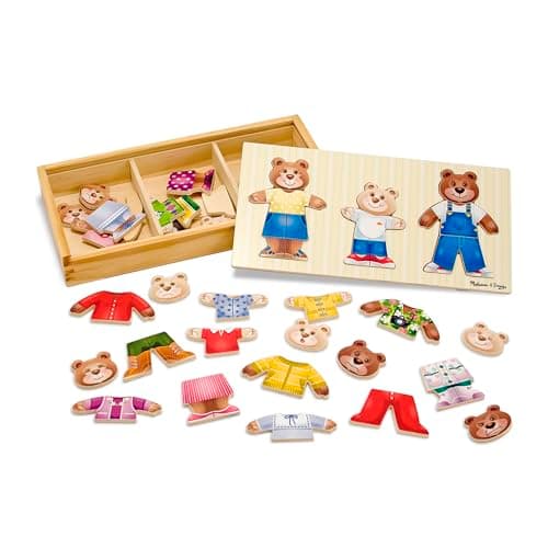 Melissa & Doug Puzzle d'habillage familial ours en bois, 45 pièces de tenues à mélanger et à assortir, jouet de tri et d'association avec étui de rangement, puzzle éducatif...