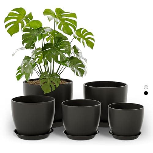 Bamworld 5 Pack Indoor Plant Pots with Drainage Holes and Saucers - Multi-Size Flower Pots for Indoor Outdoor Use Plastic Plant Pot for Home...