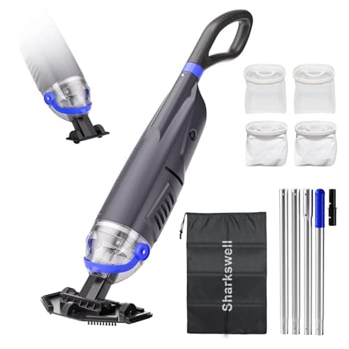 Aspirateur de piscine sans fil amélioré Sharkswell avec poteau télescopique, aspiration puissante de 60 minutes et grande tête, aspirateur à main rechargeable pour hors sol...