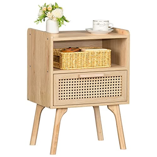 Lerliuo Rattan Nightstand, Boho Side Table with Drawer Open Shelf, Cane Accent Bedside End Table with Solid Wood Legs for Bedroom, Dorm and Small...
