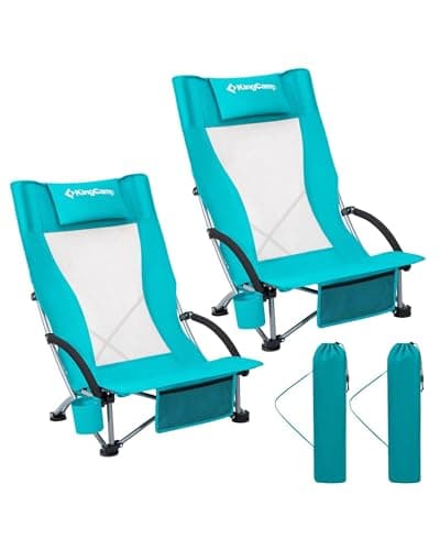 KingCamp 2-Pack High Back Low Seat Foldable Portable Lightweight Oversized Beach Chair for Adults with Cup Holder, Carry Bag for Outdoor Sand...