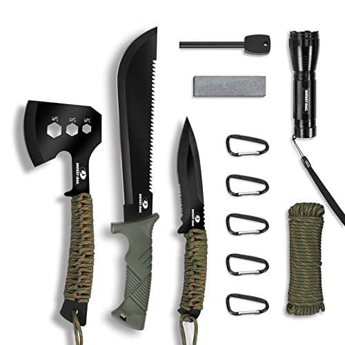 Mossy Oak Axe and Fixed Blade Knife with Sheath, One-Piece Camping Hatchet and Hunting Knife with Rope Handle, Includes Zoomable Tactical...