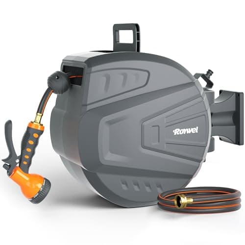 Roywel Retractable Garden Hose Reel,Retractable Hose Reel Wall Mount,with 9- Function Sprayer Nozzle,Self-Rewind,Slow Retraction,Self-Locking,Wall...