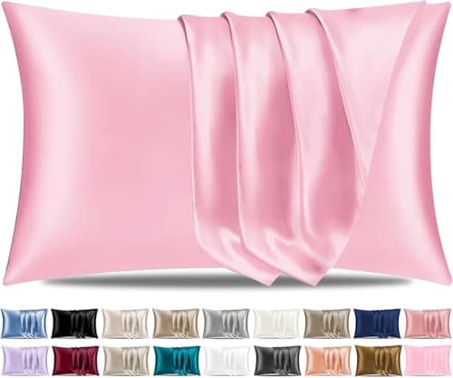 Taie d'oreiller en satin de soie Pamposh pour cheveux et peau - Taies d'oreiller Standard 2 Pack - Rose Taille Standard Taies d'oreiller 2 Pack avec fermeture enveloppe (Rose,...
