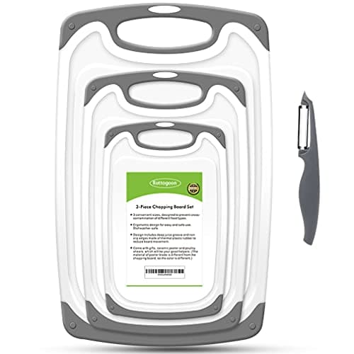 Planches à découper pour la cuisine, lot de 4 planches à découper en plastique avec pieds antidérapants et rainure profonde pour jus, poignée facile à saisir