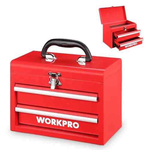 WORKPRO Portable Mini Tool Box, 2 Drawers Metal Tool Chest with Ball Bearing Slides, Top Storage and Lockable Latches, Ergonomic Carry Handle & PVC...