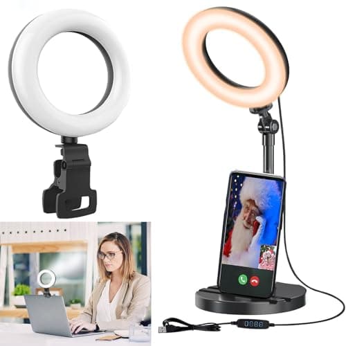 Lampe annulaire de bureau avec support, Amcuke Lampe annulaire avec clip 10 W 3000 K-6500 K Lampe de bureau de voyage à intensité variable pour téléphone selfie ordinateur portable Zoom vidéo maquillage...