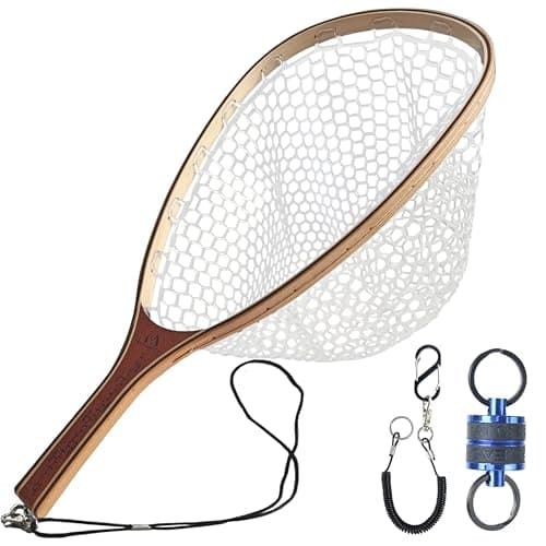 Maxcatch Fly Fishing Landing Net Trout Wooden Frame Soft Rubber Netting with Magnet Release (FL08 Rubber Net&Blue Net Release)