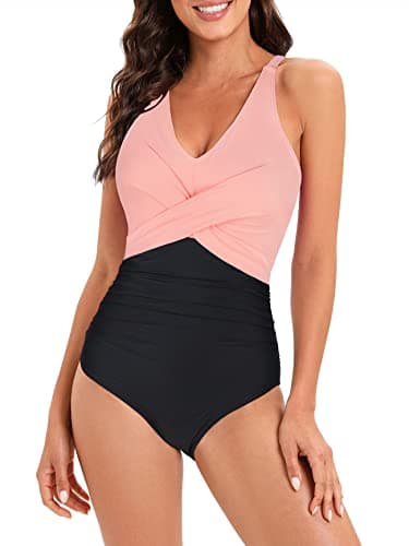 Maillot de bain une pièce pour femme, contrôle du ventre, dos croisé, col en V, rose-noir, 10-12