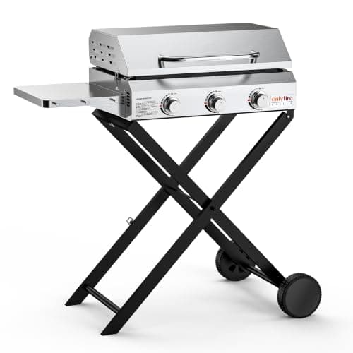 ONLYFIRE GRILLS BBQ Gas Griddle 3 Burners with Side Table & Foldable Cart, Flat Top Propane Griddle Stove with for Outdoor Cooking, Patio Camping...