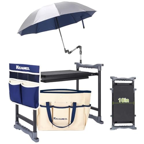 Garden Kneeler and Seat with Umbrella, 2-in-1 Foldable Gardening Stool with Adjustable Bracket, Detachable Tool Bags, Heavy Duty Kneeling Pad for...