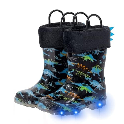 FUNCOO PLUS Bottes de pluie d'hiver pour enfants, bottes de neige chaudes en polaire pour enfants, bottes de boue imperméables pour garçons, dinosaures, grand enfant taille 2