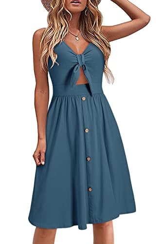VOTEPRETTY Womens Summer Dress Trendy 2026 V Neck Tie Front Spaghetti Strap Beach Sundress Vacation Outfit(Blue,M)
