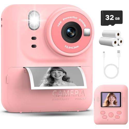Jouets avec appareil photo à impression instantanée pour enfants, caméra vidéo numérique HD 1080P pour tout-petits, cadeaux d'anniversaire de Noël pour filles et garçons âgés de 3 à 12 ans - Carte SD 32 Go...